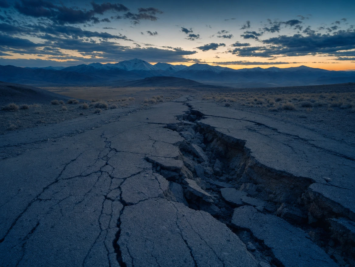 Illustration: A cracked road on a high plateau after an earthquake, at dusk.