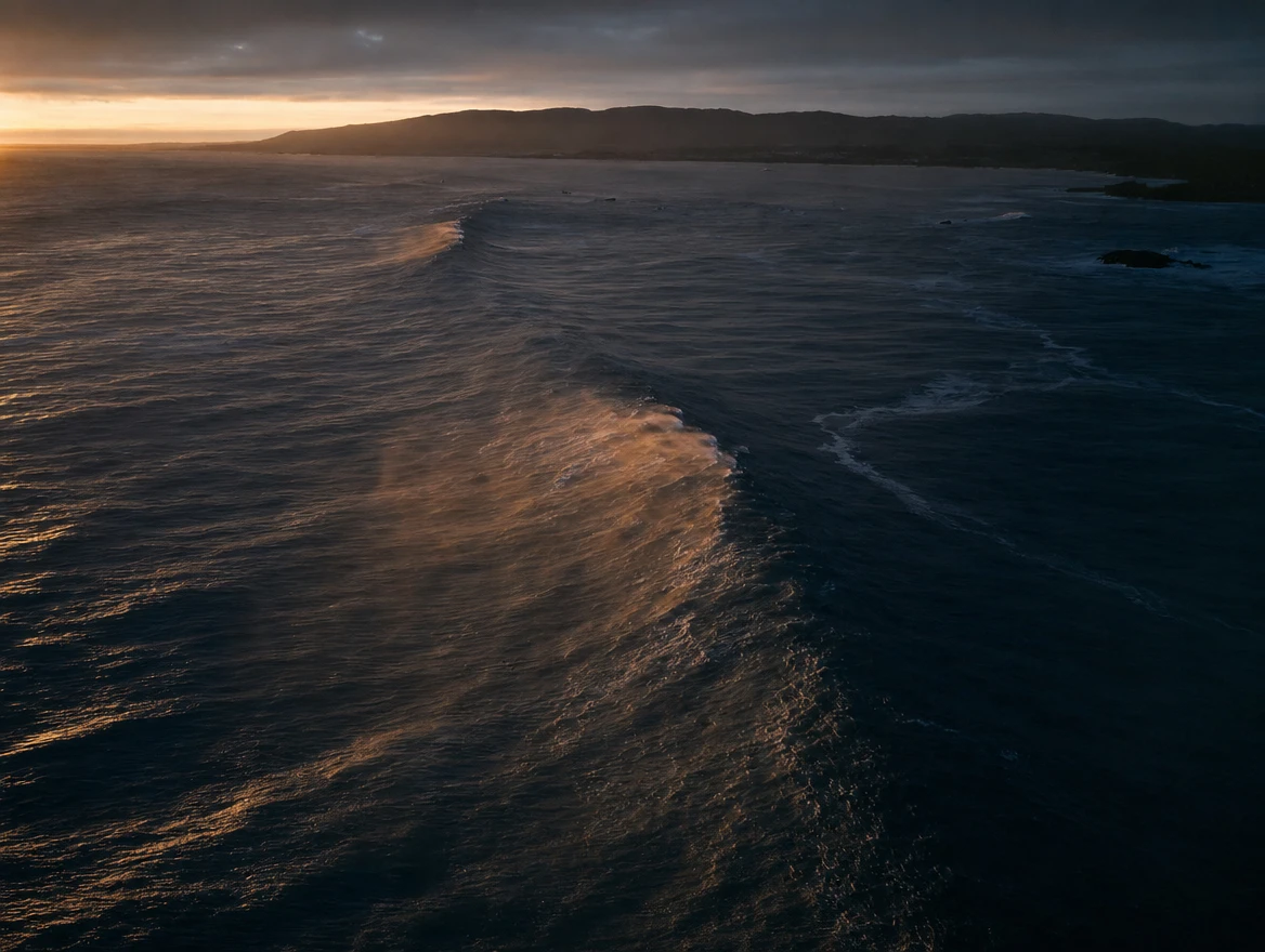 Illustration: A large ocean swell approaching a coastline at dawn.