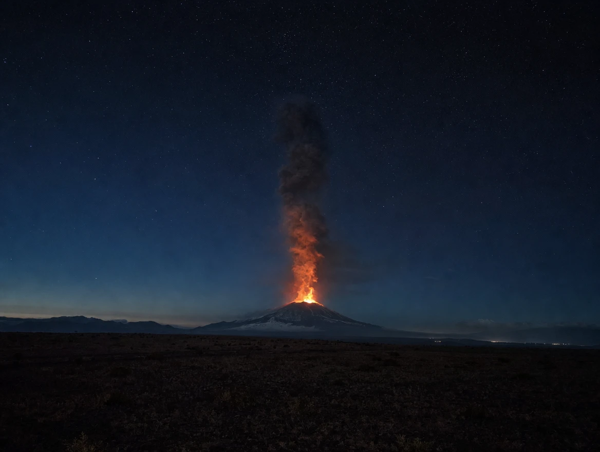 Illustration: A volcano erupting at night, seen from a distance.