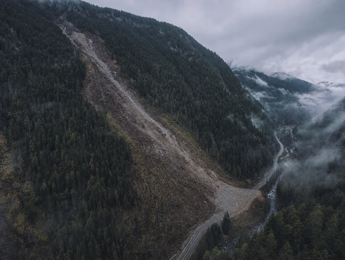 Illustration: A landslide scar on a forested mountainside.