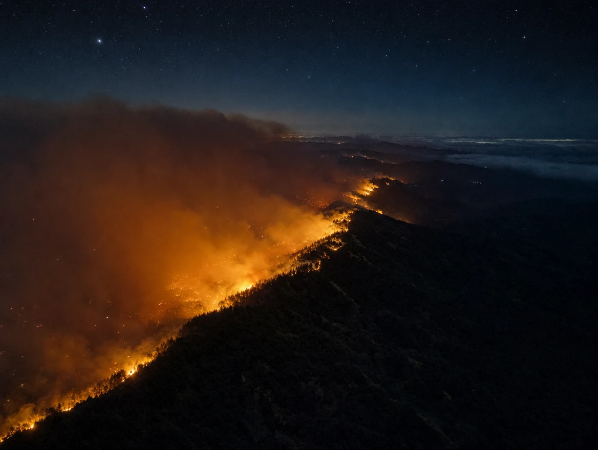 Illustration: A wildfire front burning through hills at night.