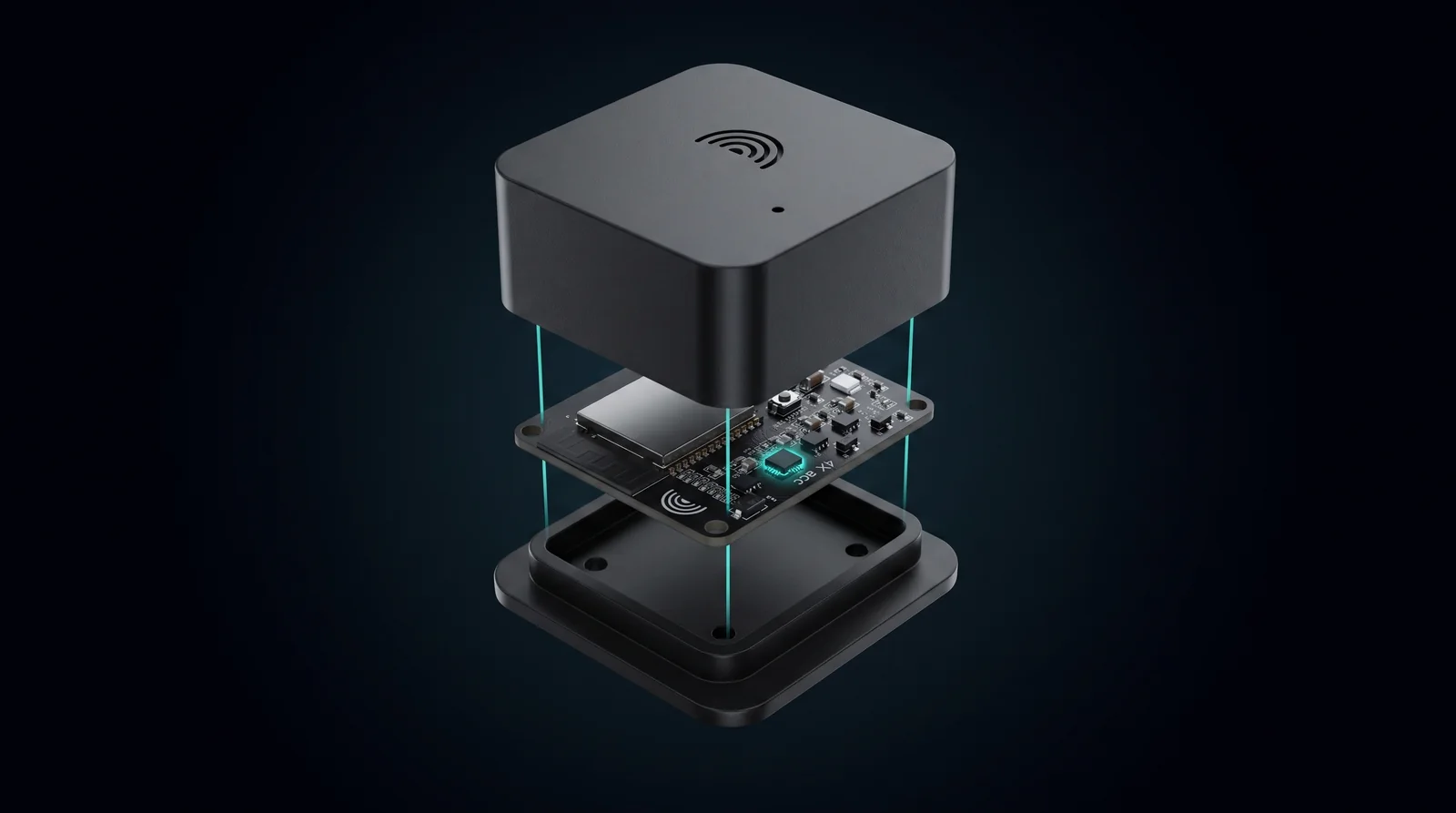 GeoShake T1, exploded: the black enclosure with the GeoShake mark on its lid, lifted from the sensor board and the base plate.